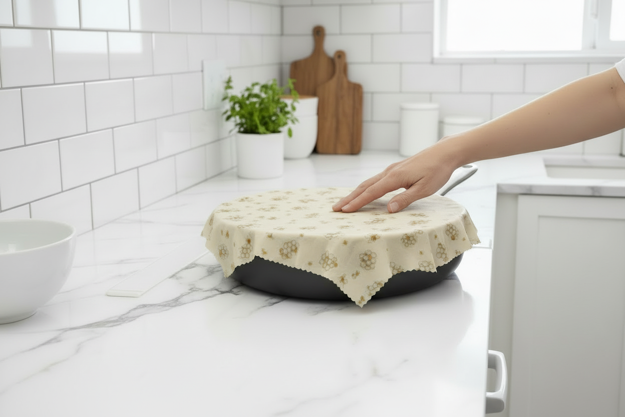 Hand placing a floral-patterned lid on a frying pan on a stove.