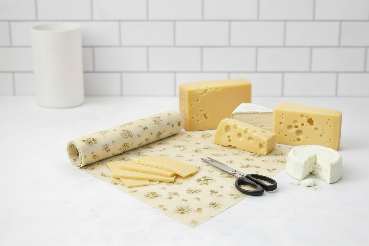 Roll of decorative paper with a floral pattern, a block of cheese, and scissors on a white surface.