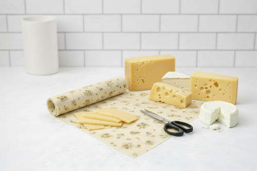 Roll of decorative paper with a floral pattern, a block of cheese, and scissors on a white surface.