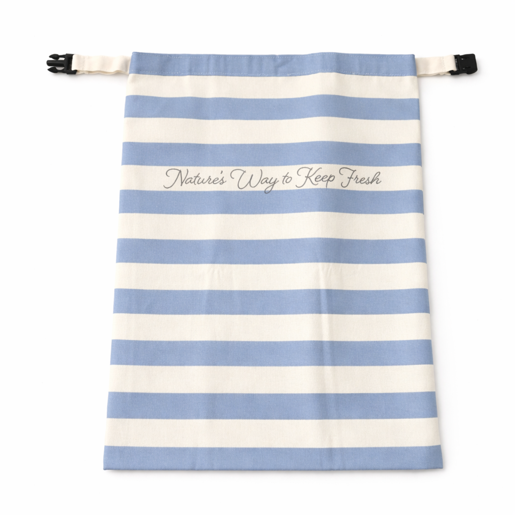 Blue and white striped bag with 'Nature's Way to Keep Fresh' text on a white background
