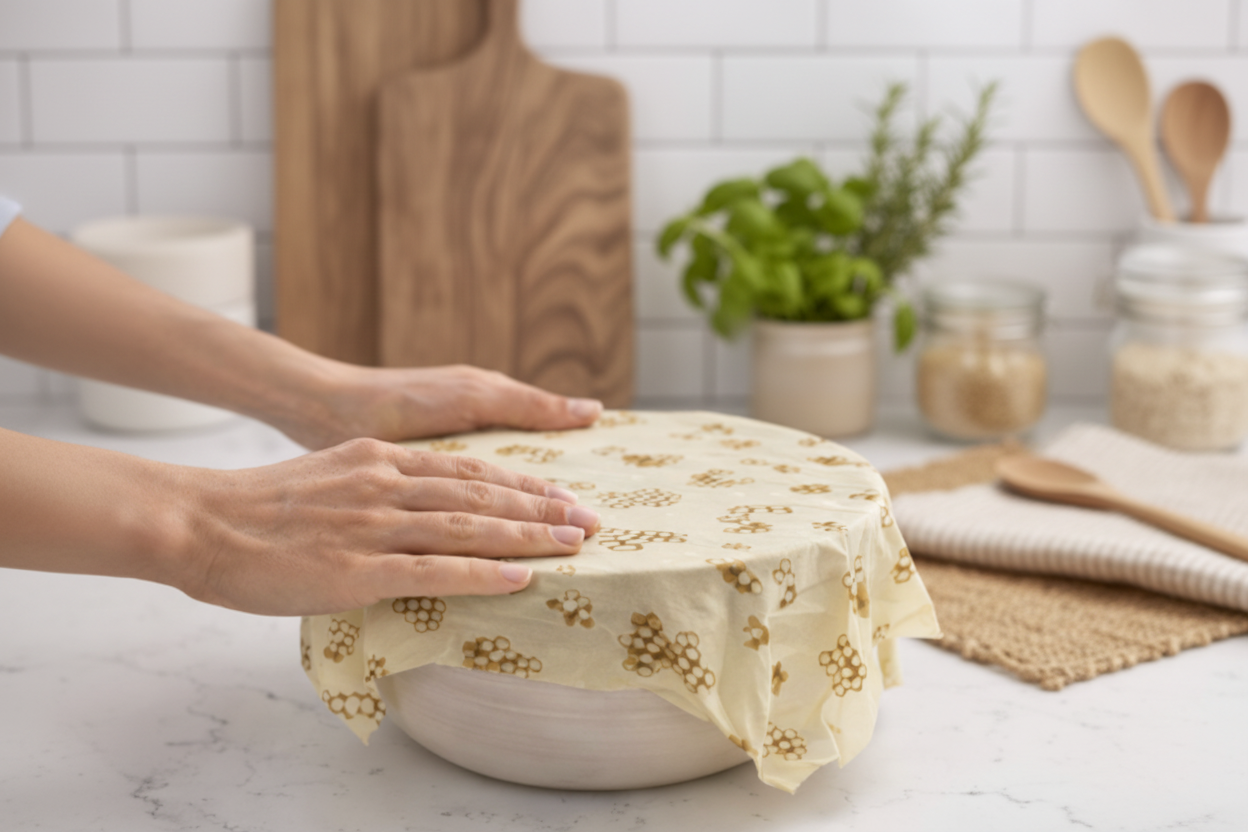 Person wrapping a ceramic bowl with a bee-patterned beeswax wrap on a light surface.