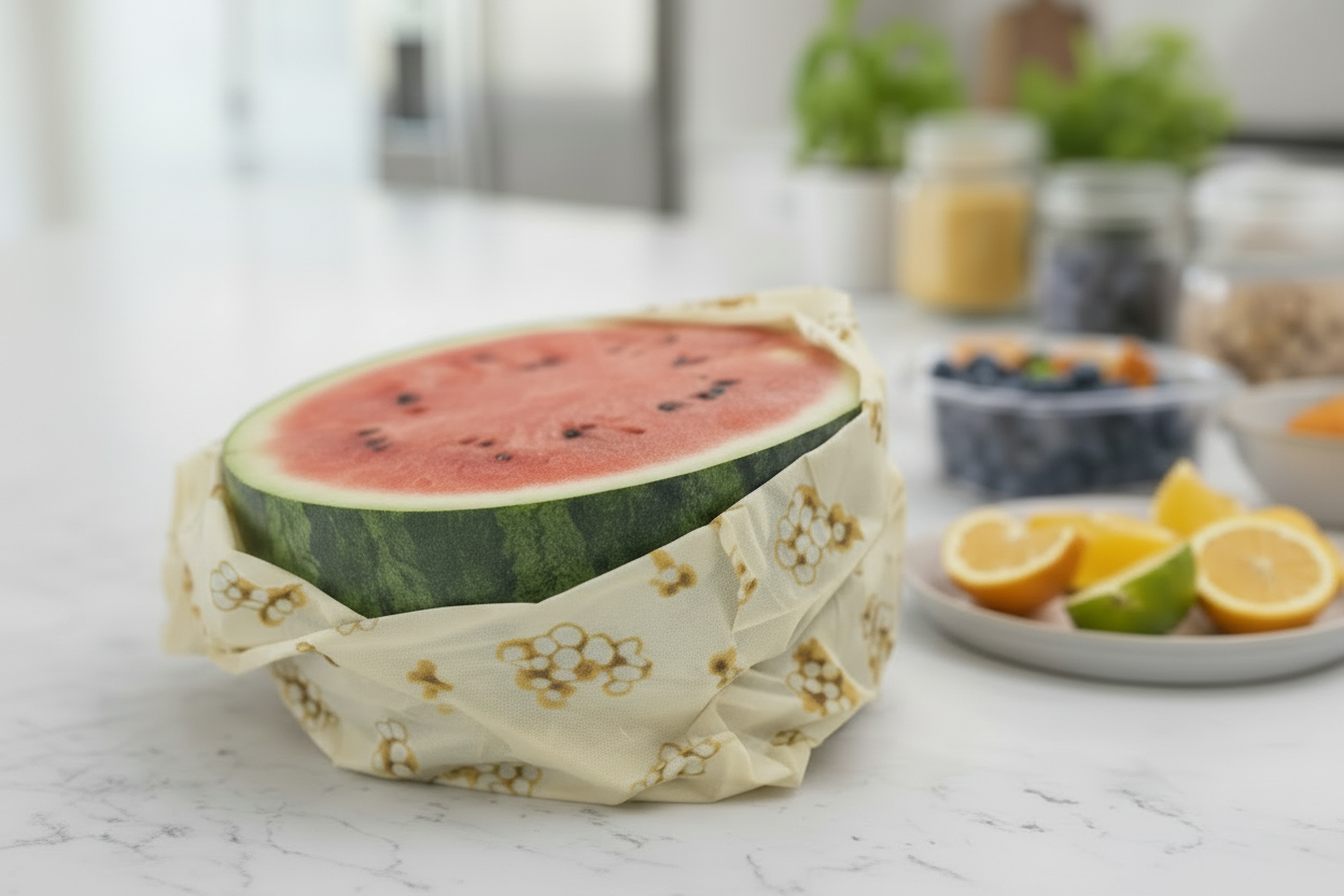 Half-cut watermelon wrapped in a reusable beeswax food wrap on a white surface with fruits in the background.