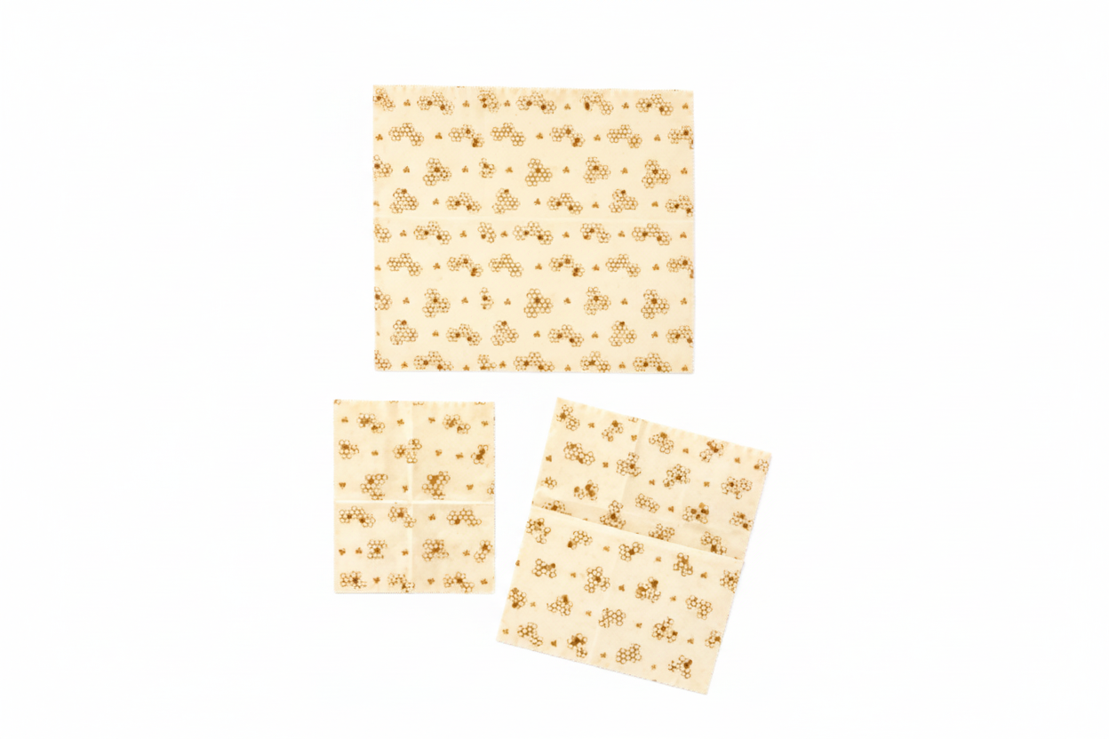 Three square beeswax wraps with a honeycomb pattern on a white background