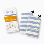 Beeswax living reusable bread bags with packaging on a white background