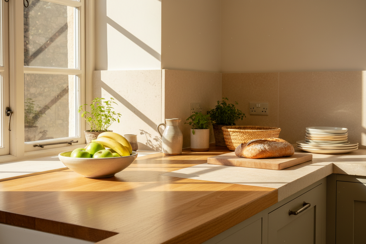 kitchen counter with bright sunlight natural tones