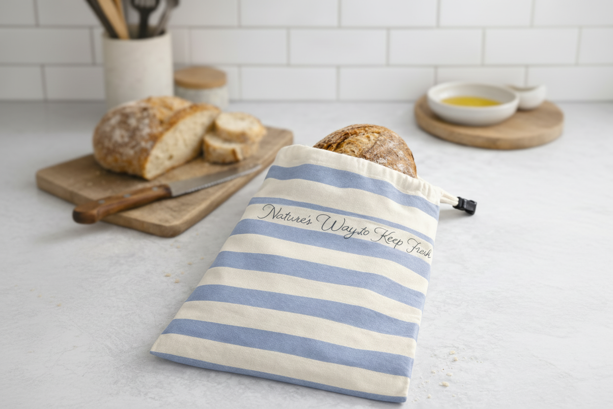 Striped bread bag with text on a kitchen counter with bread and utensils.