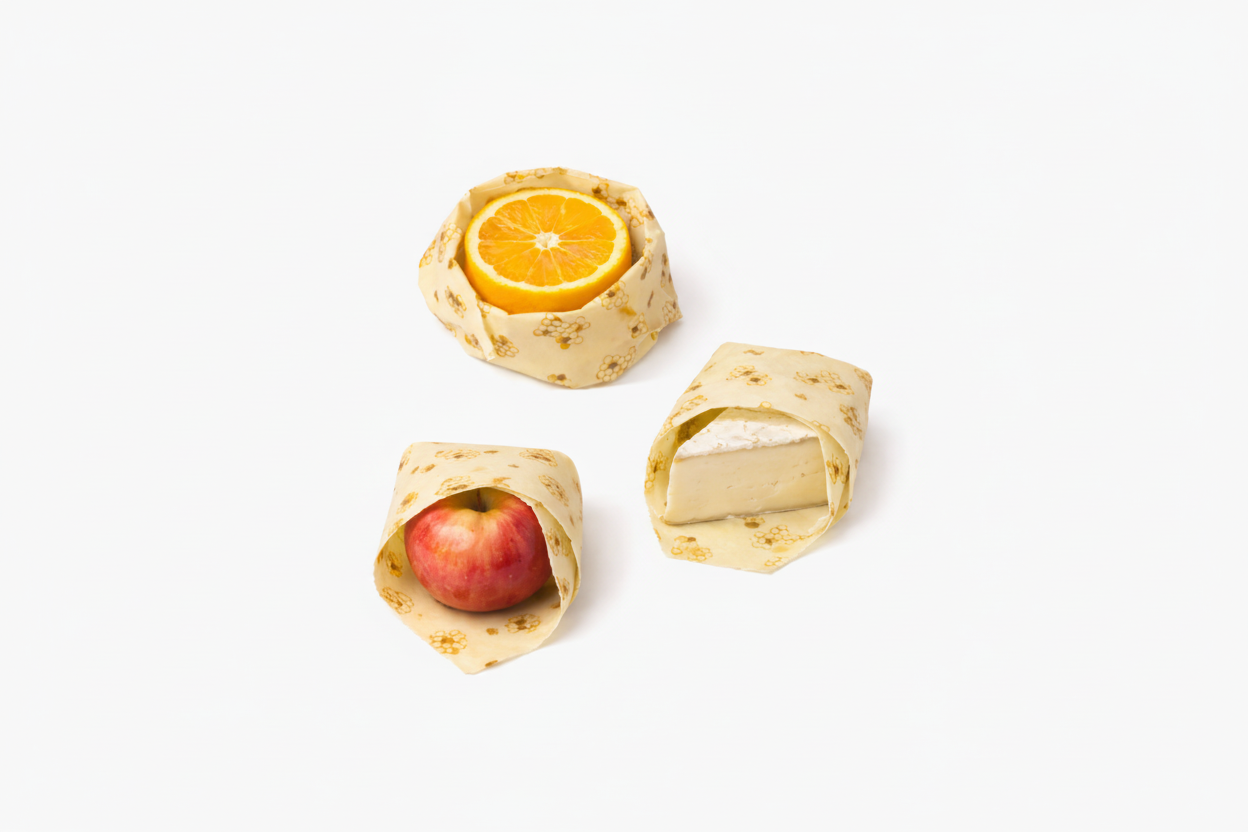 Three beeswax wraps filled with different items on a white background